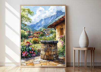 Affiche Décor Fermier Vénézuélien – Impression d'un Puits Rustique avec Lys