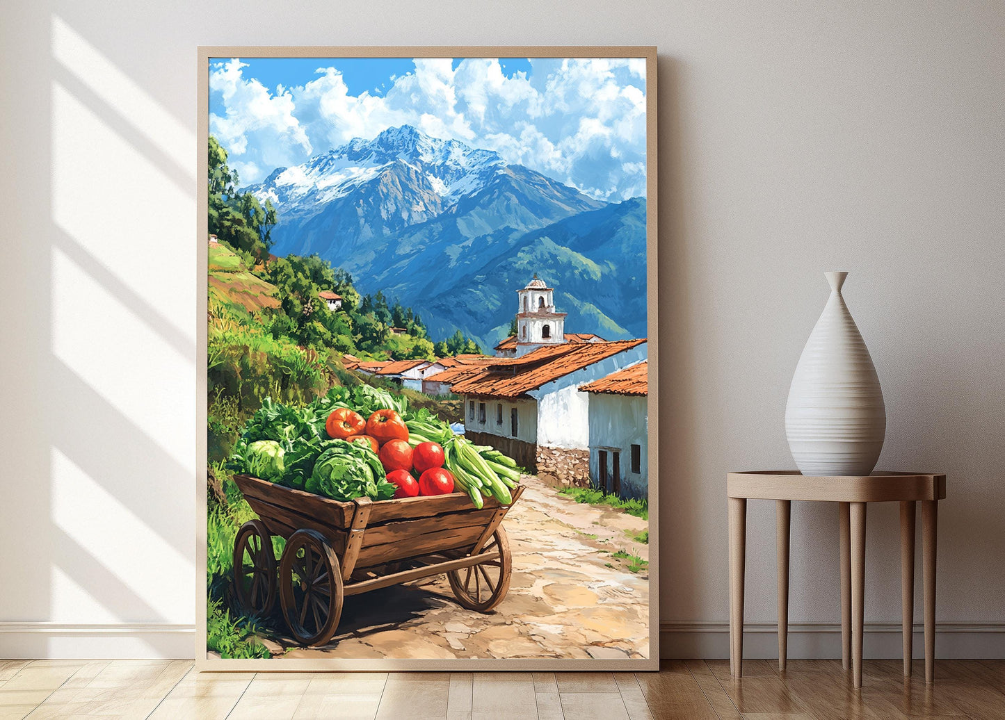 Affiche Scène de Ferme Équatorienne – Impression Art de Charette en Bois