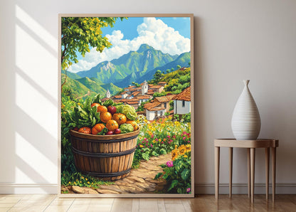 Affiche Style Ferme Colombienne – Poster Panier en Bois avec Art de Récolte