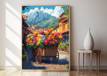 Affiche Décor Fermier Péruvien – Impression Art de Chariot en Bois Rustique