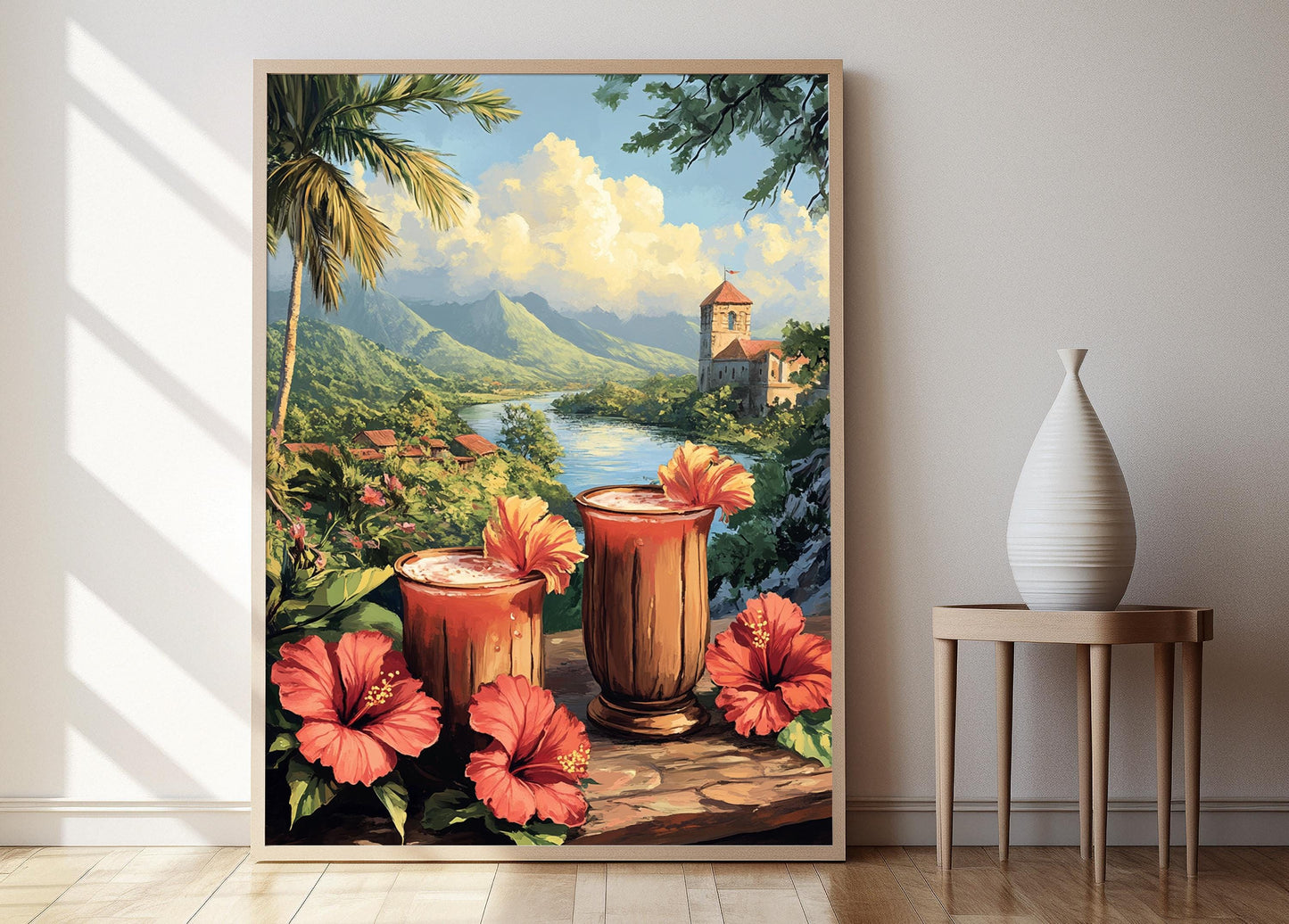 Affiche Saril Panaméenne – Poster Art avec Tasses en Bois et Fleurs d'Hibiscus