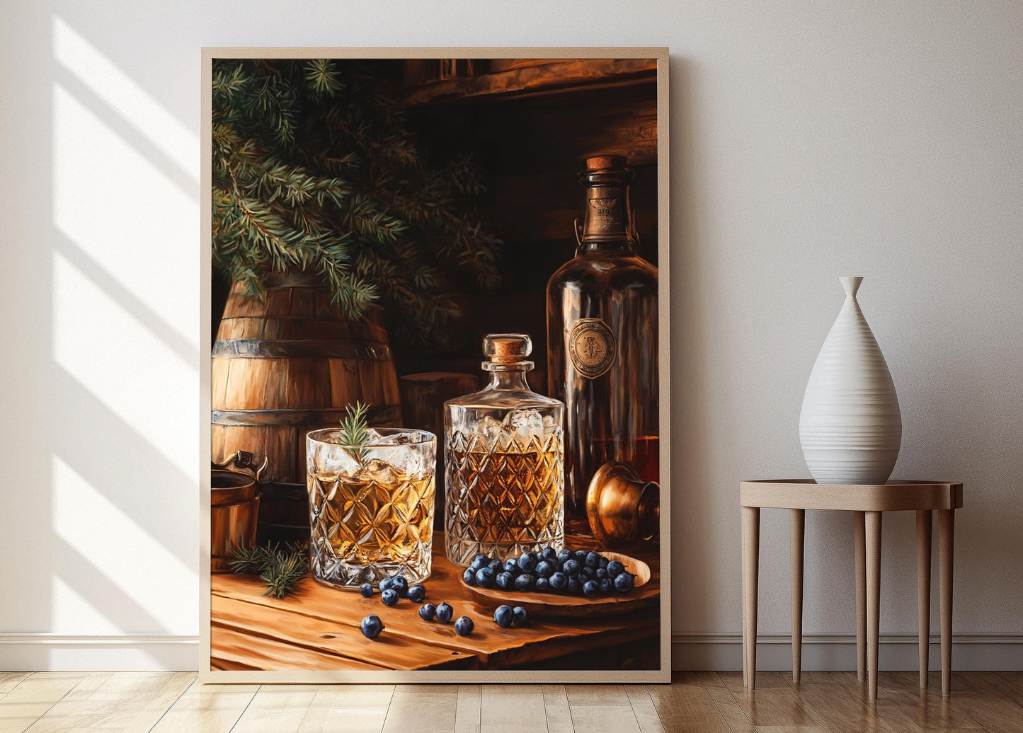 Affiche Gin Néerlandais – Impression d'art avec verres tulipe et baies de genièvre