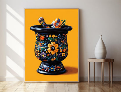 Affiche Molcajete Mexicain – Poster Mortier en Pierre avec Sculptures Aztèques