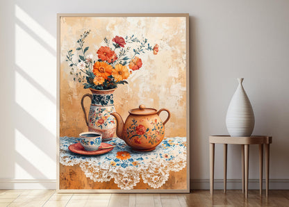 Affiche Scène de Thé Arménien – Poster Pot en Argile et Nappe en Dentelle