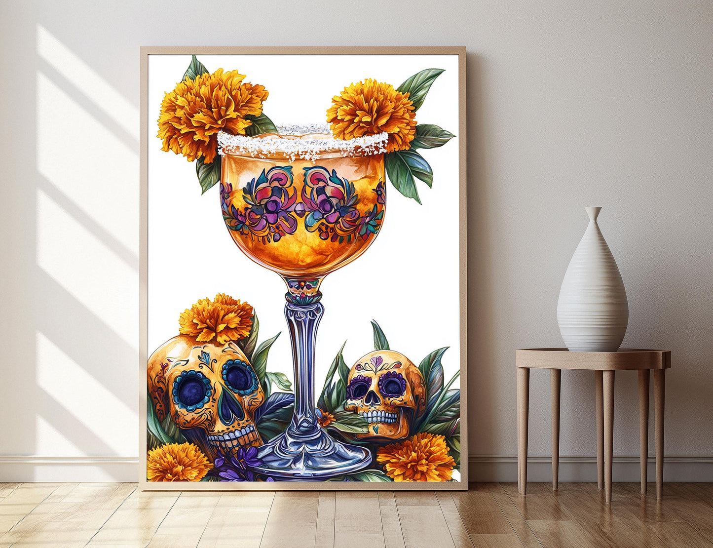 Affiche Margarita Mexicaine – Poster Crânes de la Mort et Fleurs d'Or