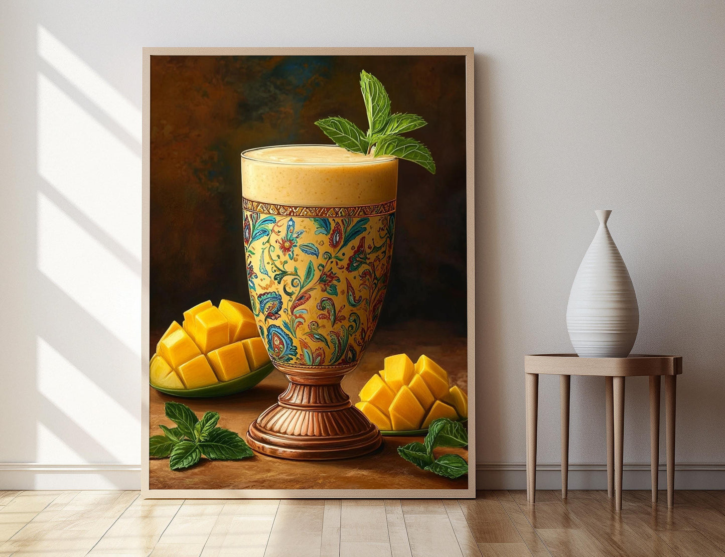 Affiche Lassi à la Mangue – Poster Art avec Tasse en Cuivre et Motifs Paisley