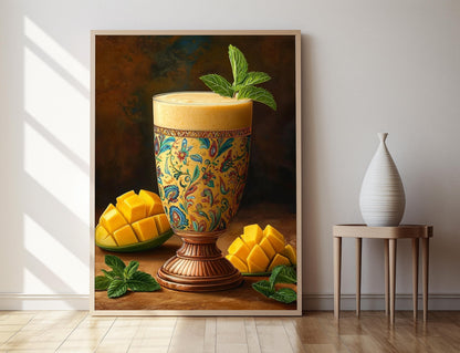 Affiche Lassi à la Mangue – Poster Art avec Tasse en Cuivre et Motifs Paisley