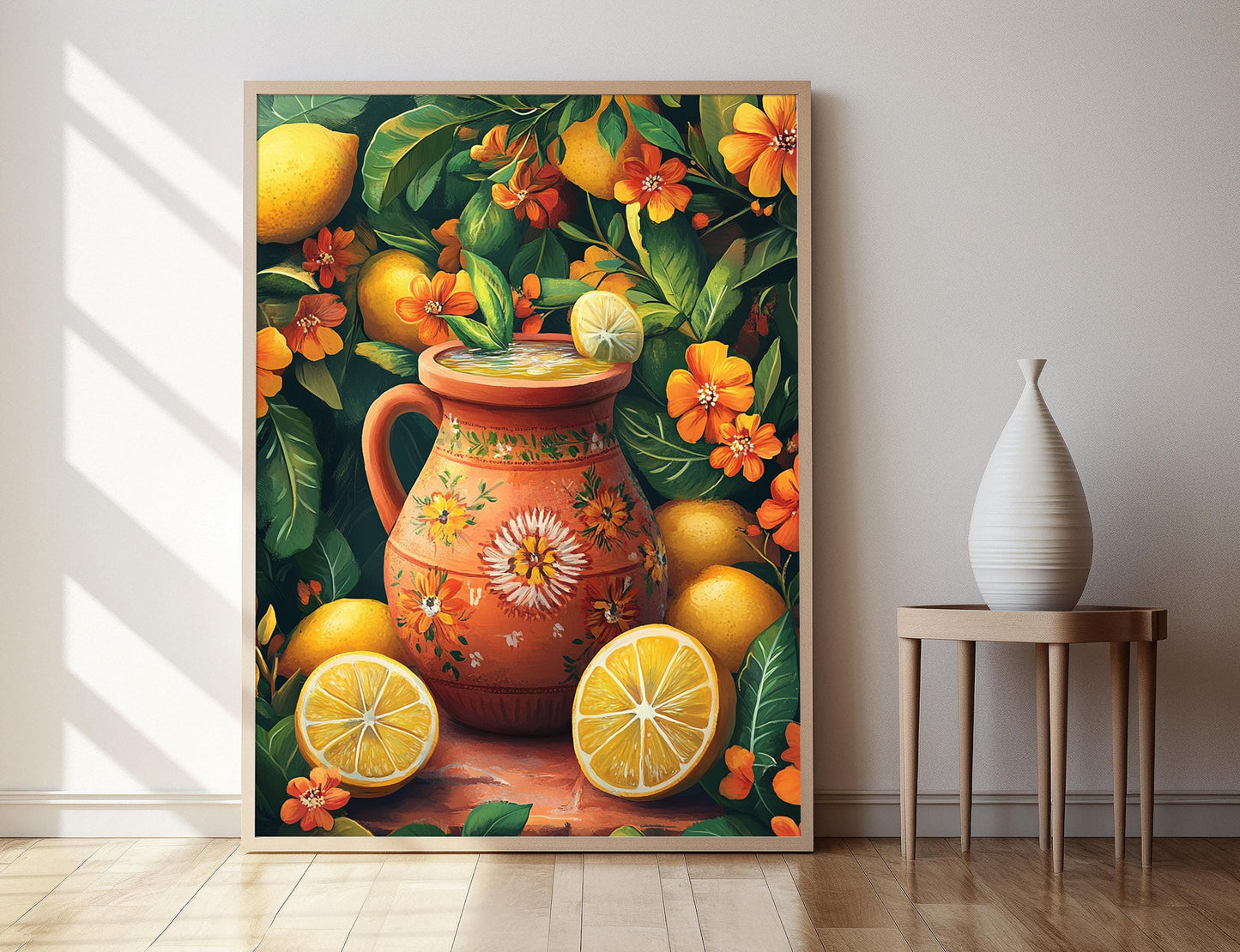 Affiche Nimbu Pani – Poster Art avec Pot en Terre, Fleurs et Citrons