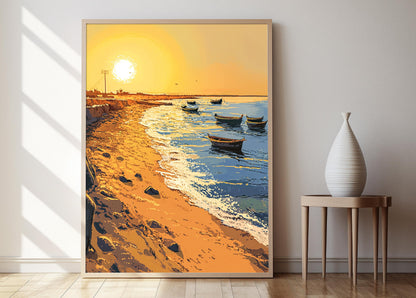 Affiche Coucher de Soleil Rafah – Poster Plage Dorée et Bateaux
