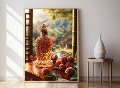 Affiche Vin de Litchi – Impression d'art avec bouteille et motifs chinois