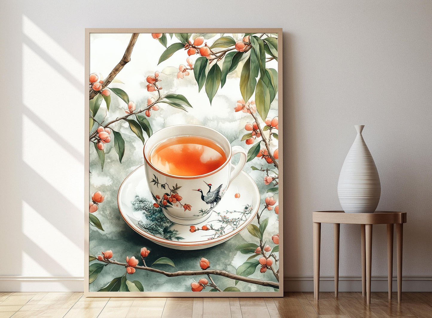 Affiche Thé Osmanthus – Imprimé de Tasse avec Grue et Nuages