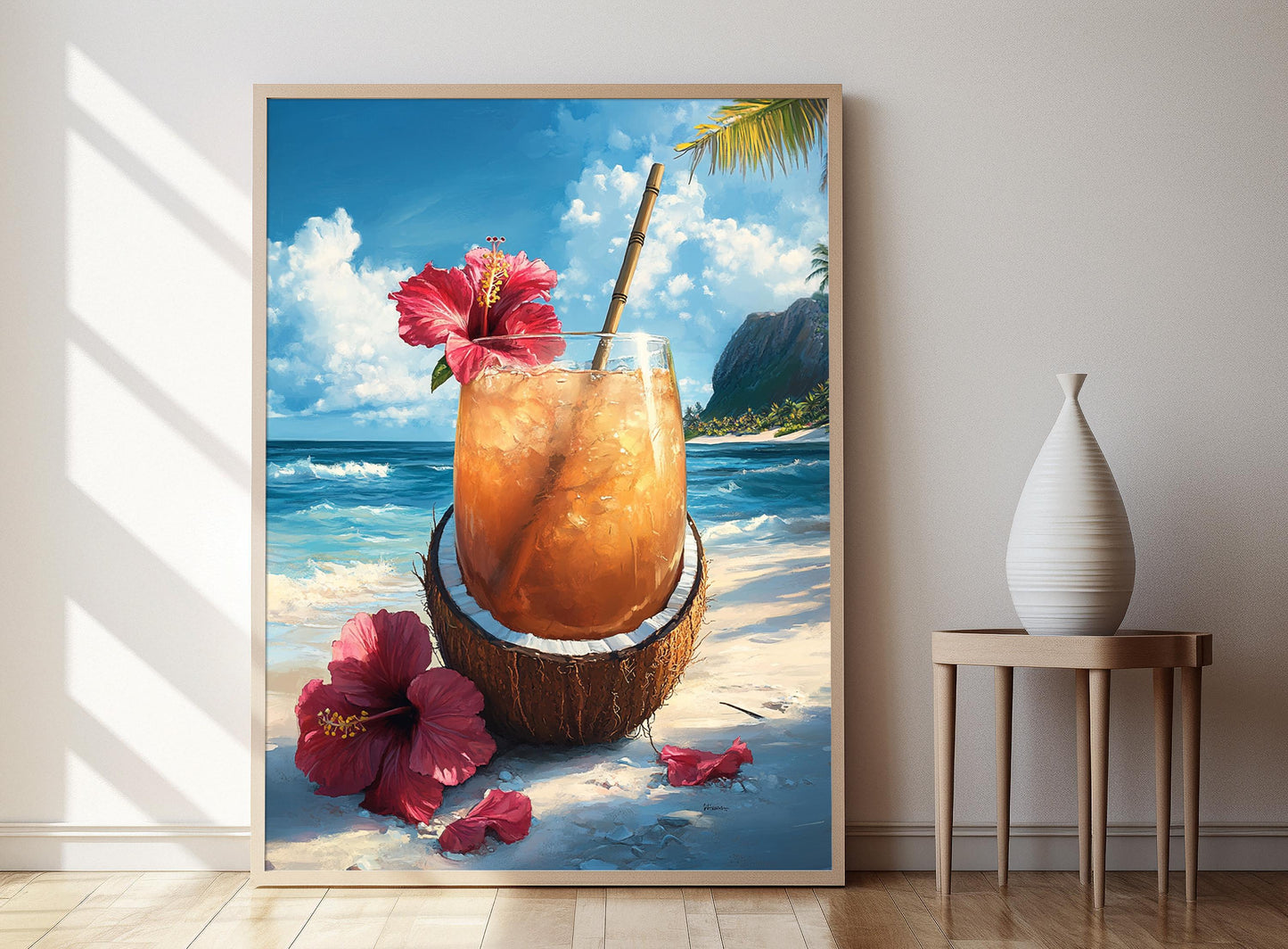 Affiche Eau de Coco – Poster Art de Coquille et Paille en Bambou