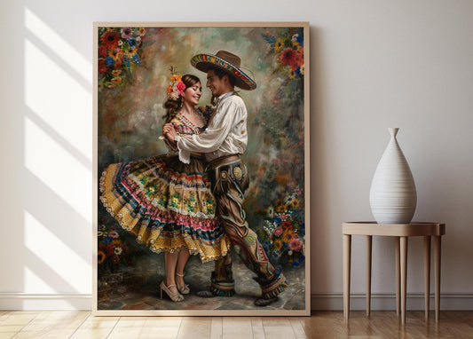 Affiche Danse Jarabe Tapatío – Art Mexicain Romantique, Fait Main