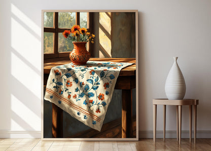 Affiche Kalamkari – Poster Art Floral et Oiseau Indien