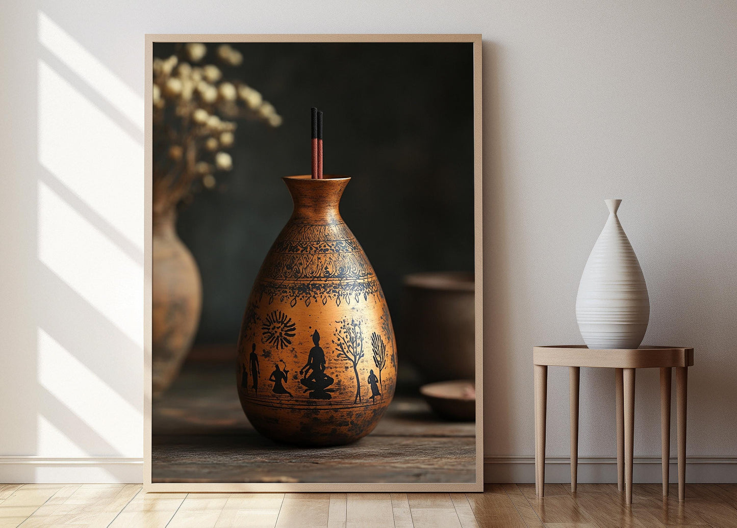 Affiche Porte-Encens en Laiton – Art Warli, Décor Tribal Indien