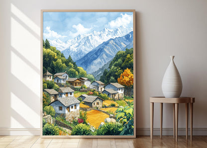 Affiche Village Himachal – Poster Maisons en Pierre et Paysage Montagneux