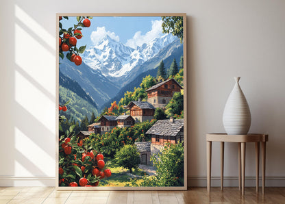 Affiche Art de Village Himachal – Impression des Montagnes et Verger de Pommes