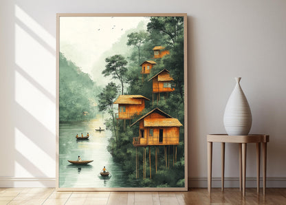 Affiche Art de Village Assam – Poster du Fleuve Brahmapoutre et Jardins de Thé