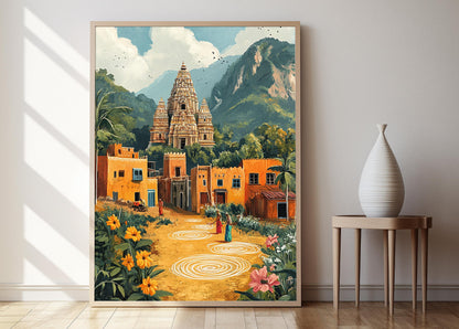 Affiche Art de Village du Tamil Nadu – Gopurams et Dessins de Kolam