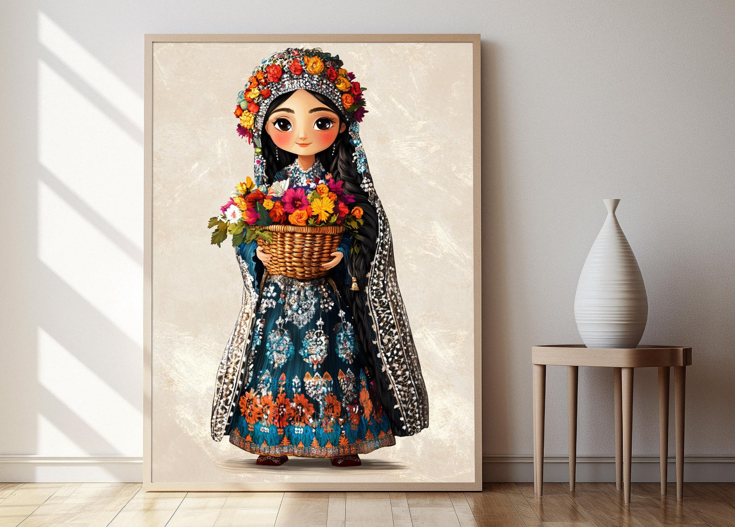 Affiche Art de Poupée Kurde d'Erbil – Imprimé avec Panier Festif et Accents Argentés