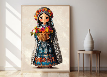 Affiche Art de Poupée Kurde d'Erbil – Imprimé avec Panier Festif et Accents Argentés