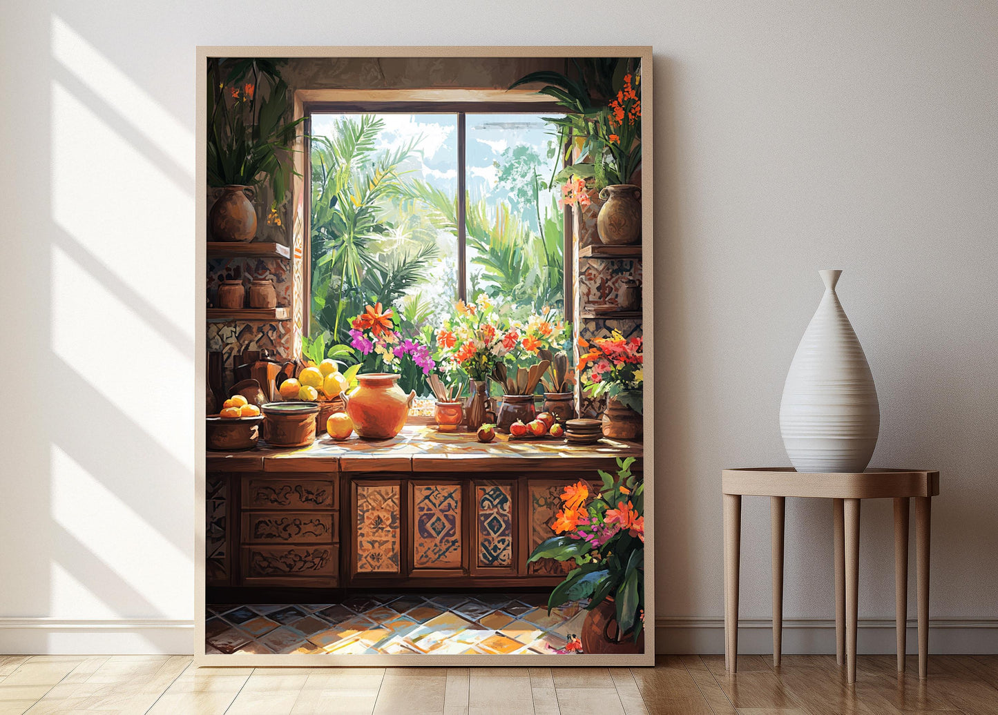 Affiche Cuisine Indonésienne – Poster Décor Tissu Ikat et Ustensiles en Bois