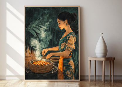 Affiche Scène de Grillade Satay – Illustration Rustique de Cuisine Indienne