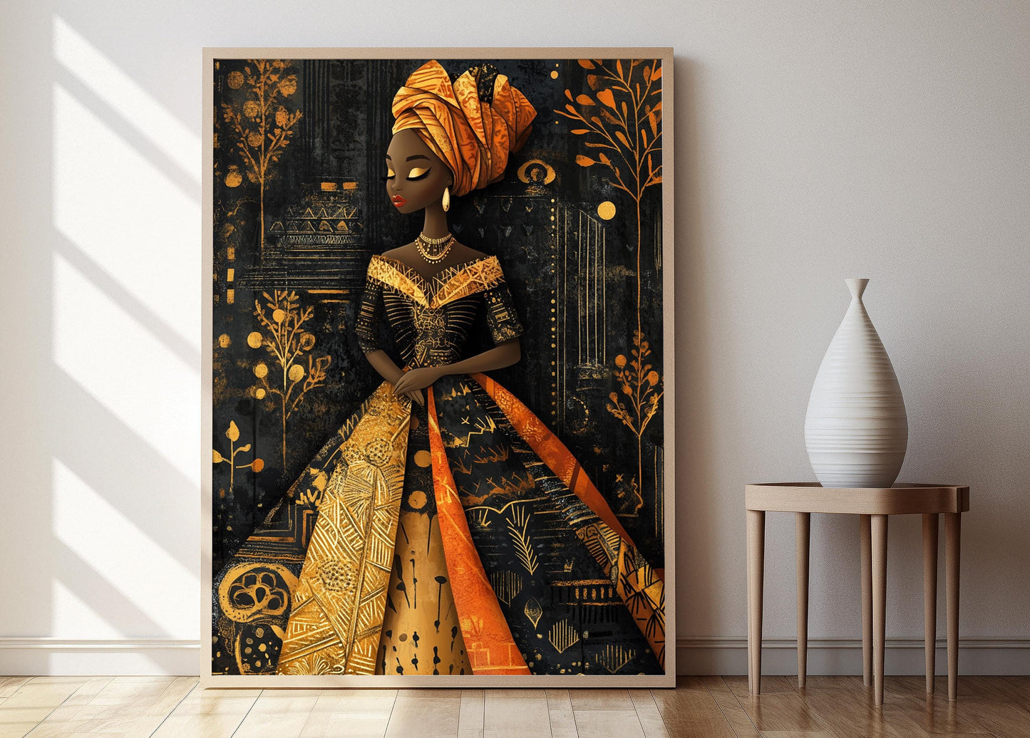 Affiche Tenue Régale Nigériane – Poster Art avec Accents Dorés et Gele