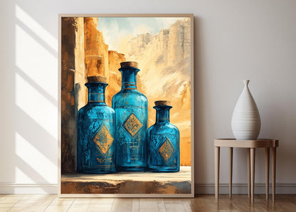 Affiche Égyptienne en Verre Bleu – Impression Art de Bouteilles Traditionnelles