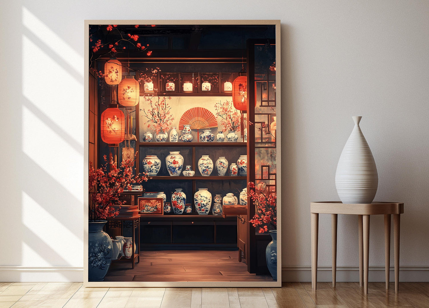 Affiche Art Chinoise – Illustration de Vase en Porcelaine et Éventail