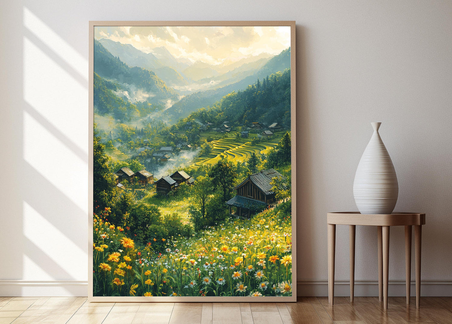 Affiche Hunan Village – Poster Art des Terrasses de Riz et Maison en Bois