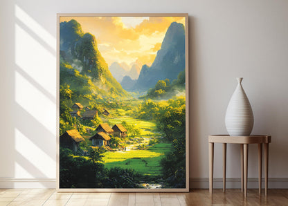 Affiche Karstique – Poster Illustratif de Village Chinois en Rural