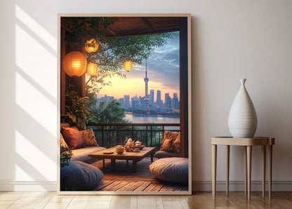 Affiche Art de Terrasse à Shanghai – Poster Décoratif de Thé en Céramique