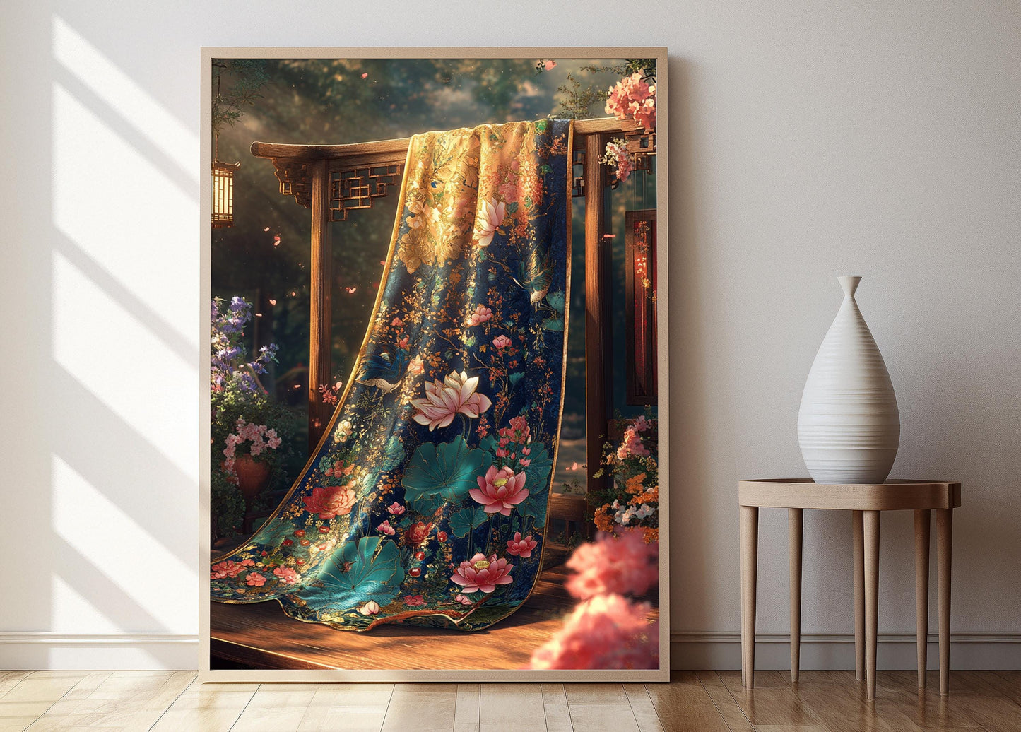 Affiche en Tissu Brocart Chinois – Poster Lotus et Grue, Héritage Culturel