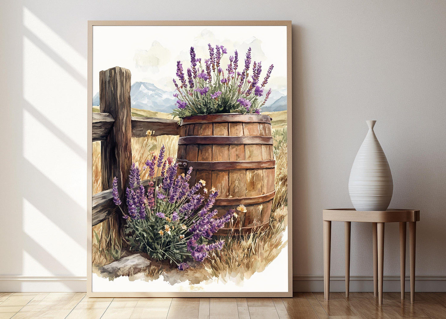 Affiche Décor Fermier Chilien – Impression d'Art de Baril Rustique avec Lavande