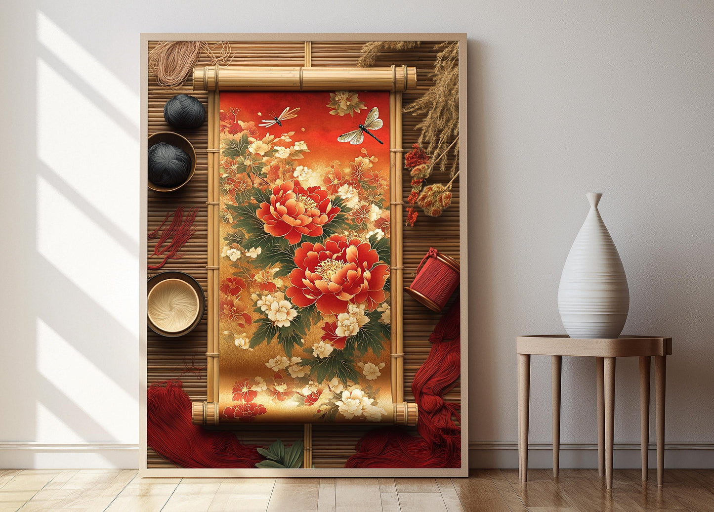 Affiche Art Textile Japonais – Illustration Soie avec Pivoine et Libellule