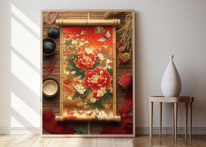 Affiche Art Textile Japonais – Illustration Soie avec Pivoine et Libellule