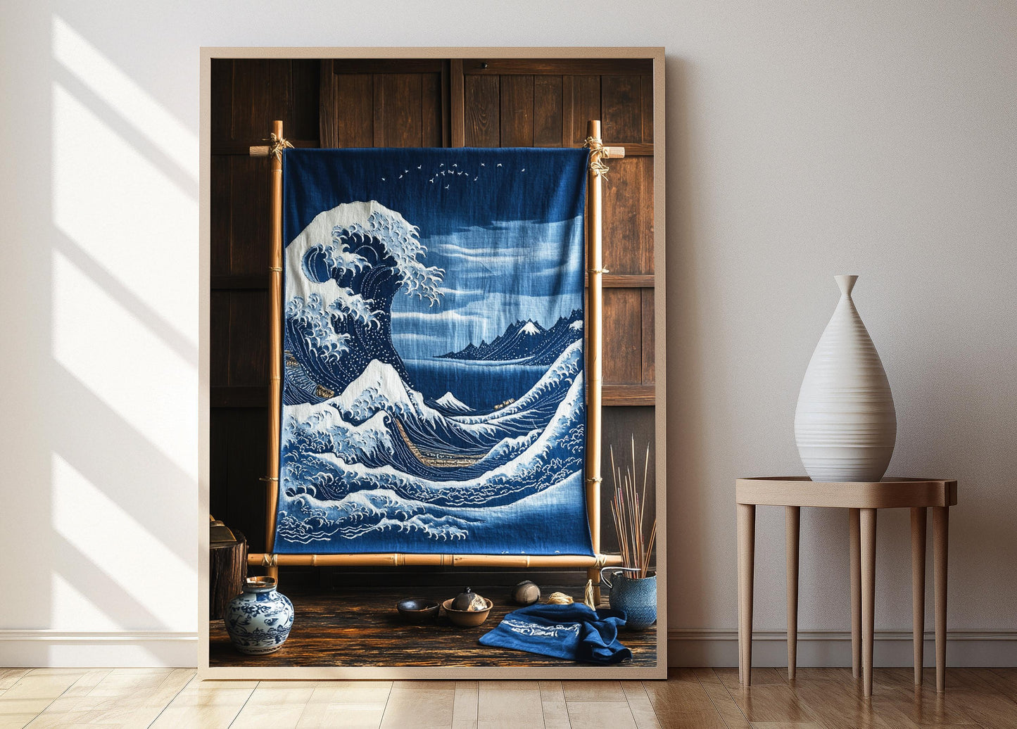 Affiche Sashiko Japonaise – Poster Illustration de Vagues et Montagnes