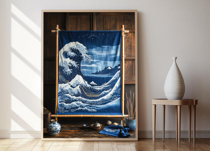 Affiche Sashiko Japonaise – Poster Illustration de Vagues et Montagnes