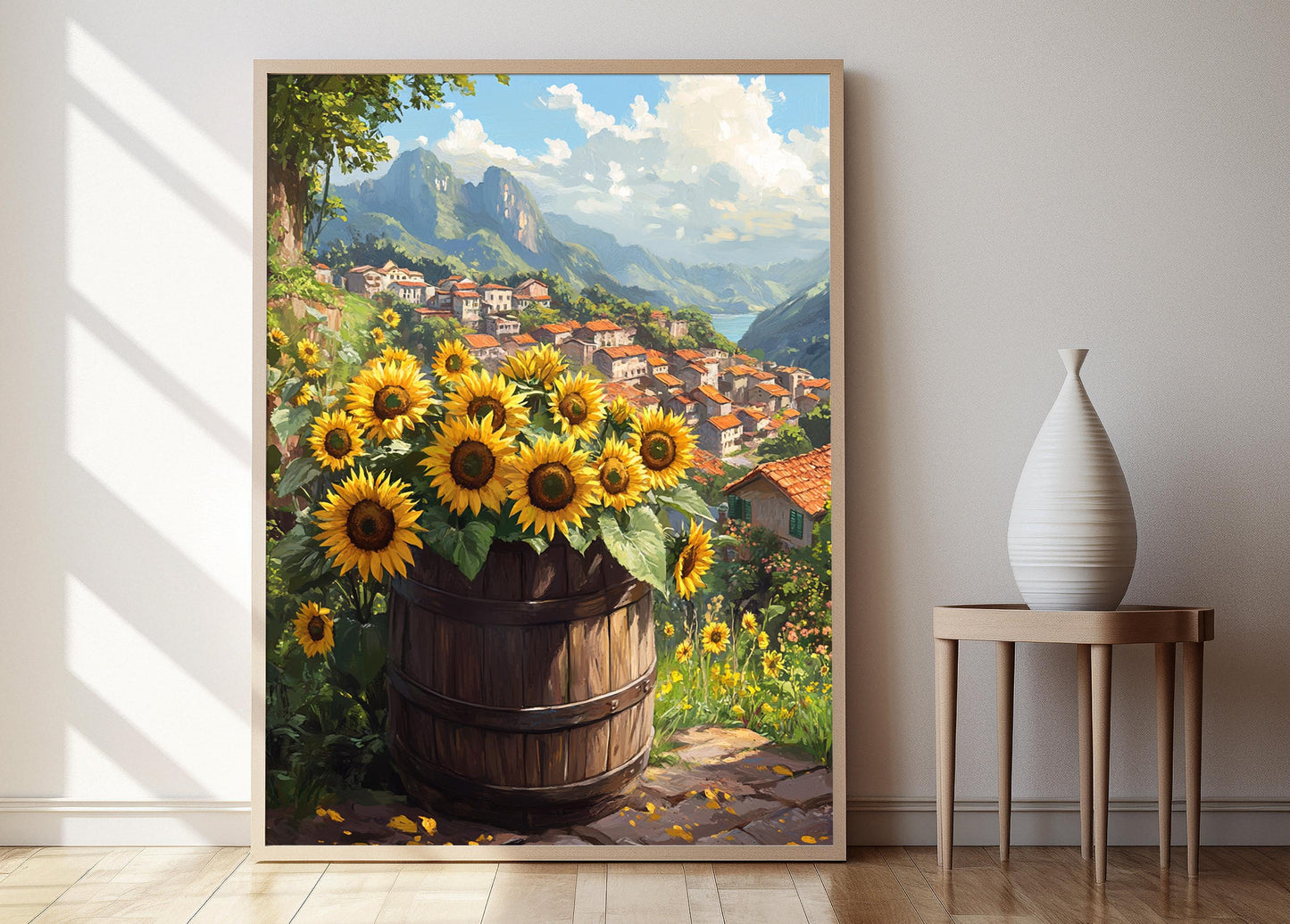 Affiche Décor Ferme Brésilienne – Imprimé Art de Fût en Bois avec Tournesols