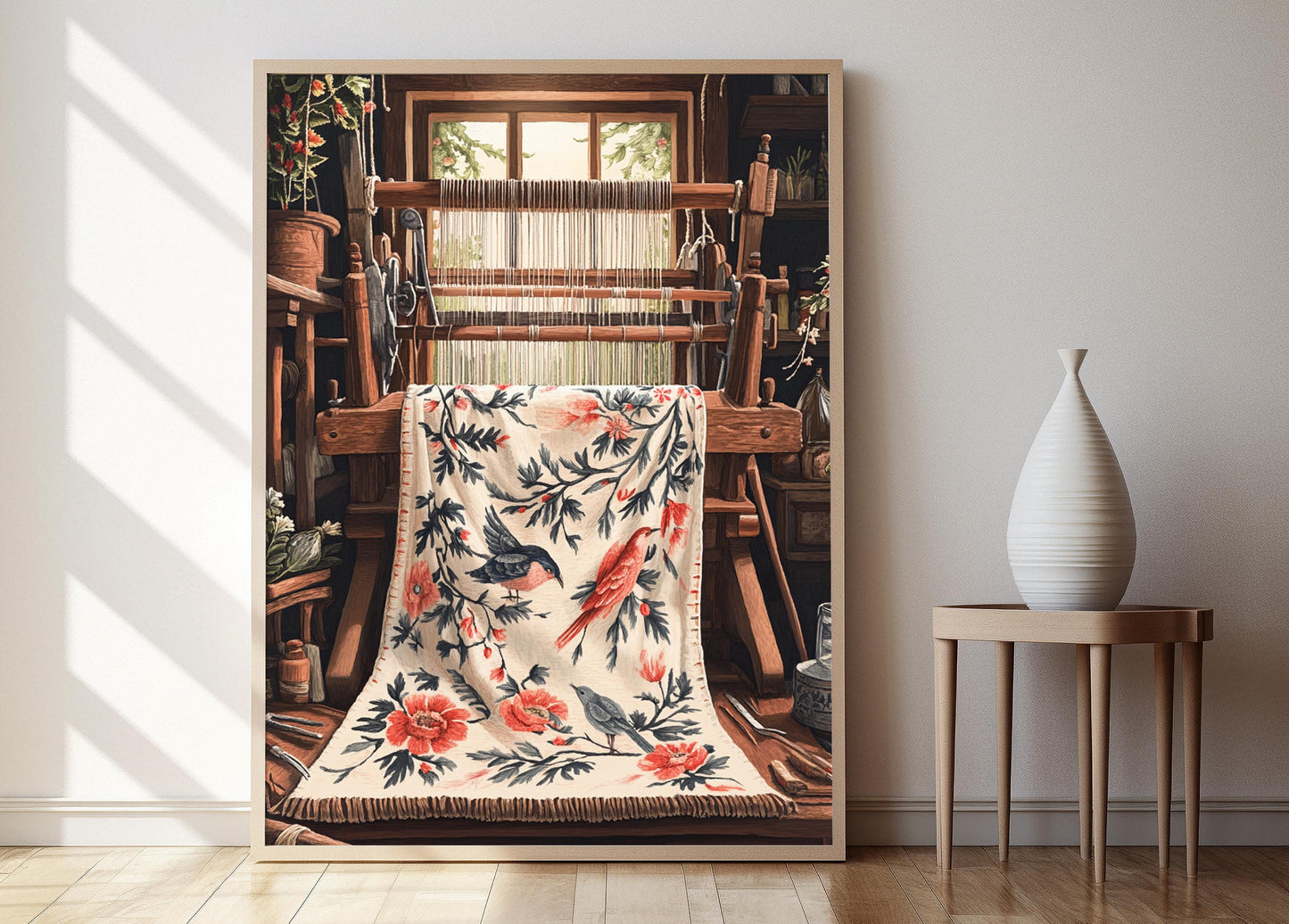 Affiche Nakshi Kantha du Bangladesh – Poster Art avec Motif Oiseau et Vigne