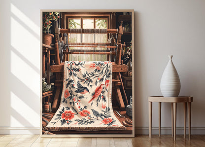 Affiche Nakshi Kantha du Bangladesh – Poster Art avec Motif Oiseau et Vigne