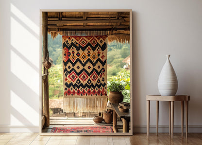 Affiche Art Textile Ikat Indonésien – Poster Géométrique Diamant Tissé à la Main