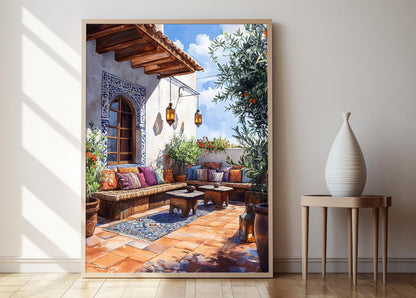 Affiche Patio Marocain – Poster Art Zellige et Coussin Berbère
