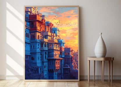 Affiche Coucher de Soleil à Jodhpur – Poster Maisons Indiennes Colorées