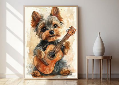 Affiche Yorkshire Terrier – Poster Chien Jouant de la Guitare Amusant