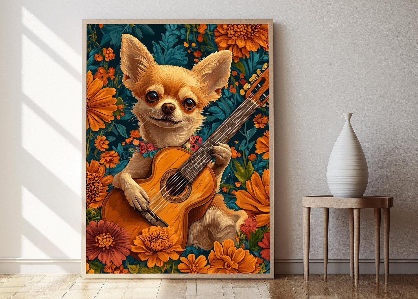 Affiche Chihuahua – Poster Chiot Jouant de la Guitare, Humour Animal