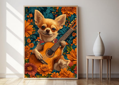 Affiche Chiot Chihuahua – Poster Humoristique Chien Jouant de la Guitare
