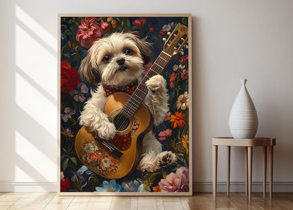 Affiche Shih Tzu Jouant de la Guitare – Poster Animaux Drôles en Édition Fine