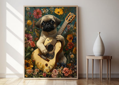 Affiche Chien Carlin Jouant de la Guitare – Poster Humoristique